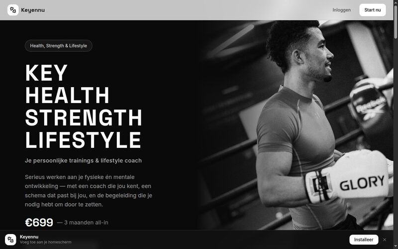Keyennu — Coachingplatform voor een personal trainer: schema, voeding, check-ins en gesprekken, onder eigen naam.