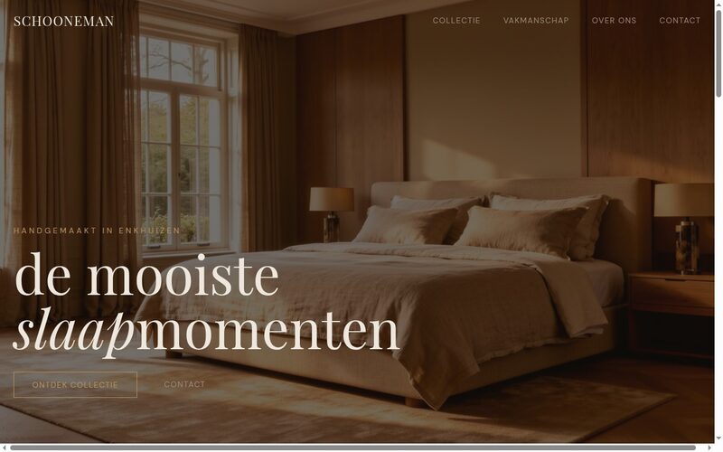 Schooneman Bedden — Merksite voor een beddenmaker die alles met de hand maakt.